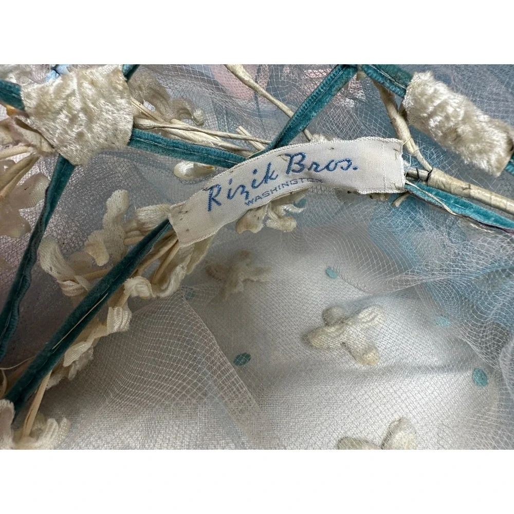 Vintage 1950s Wax Flower Fascinator Hat Crown Blue Veil Rizik Bros New York